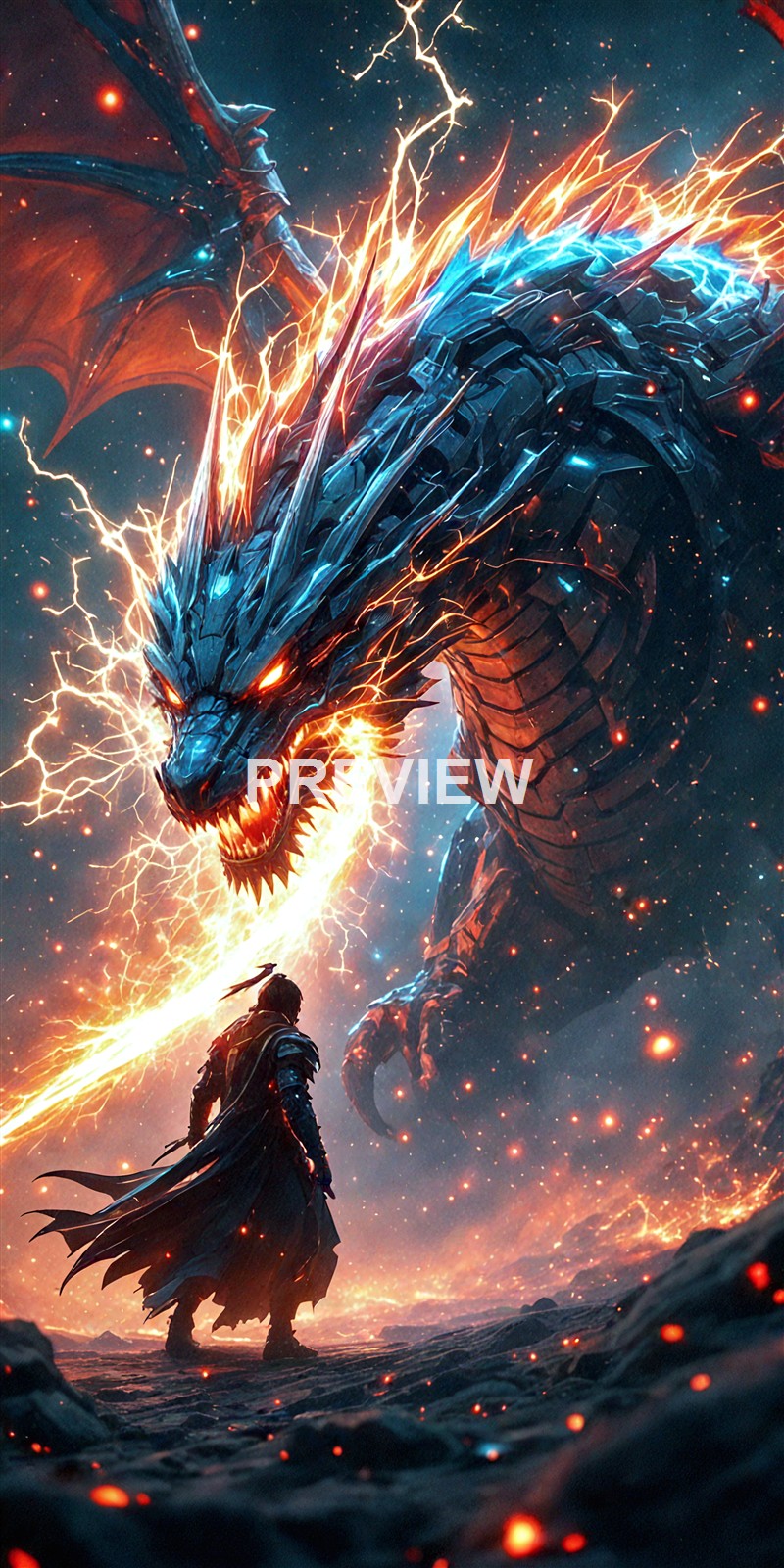 A warrior standing on rocky ground facing a massive, fierce dragon that is crackling with electric energy and fire, with the scene set against a cosmic background filled with sparks and glowing embers.